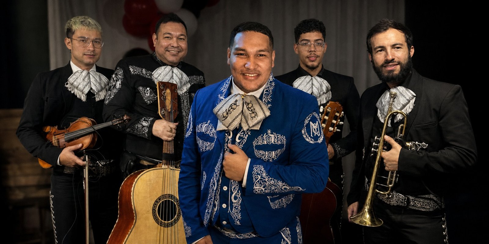 Los cinco integrantes de Mariachi Linaje en un evento: uno al frente con traje de charro azul y los otros cuatro con traje negro, con sus instrumentos