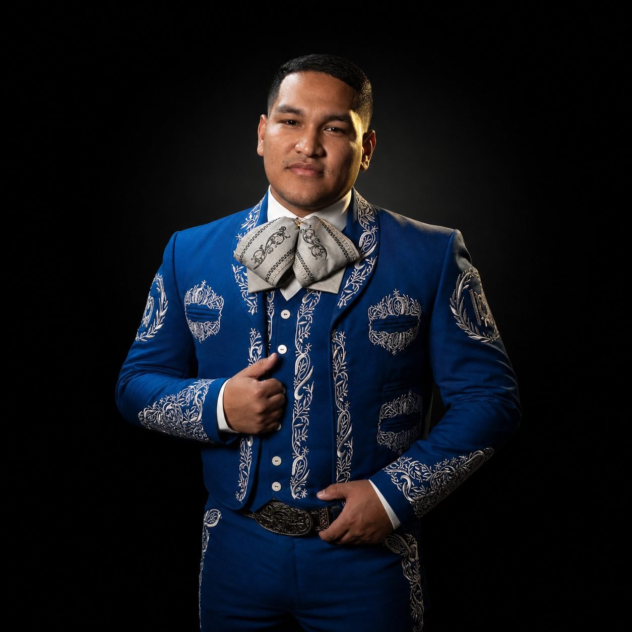 Francisco Sánchez, director de Mariachi Linaje, de cuerpo entero con el traje de charro azul bordado en plata